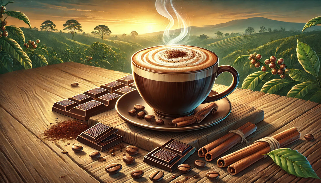 Steaming Colombian Mocha coffee with beans, chocolate, and cinnamon on a rustic table, set against lush plantations at sunrise.