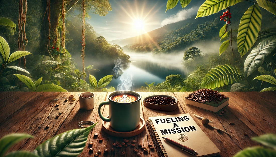 Steaming cup of coffee on a rustic table by a serene lake with sunlight filtering through trees.