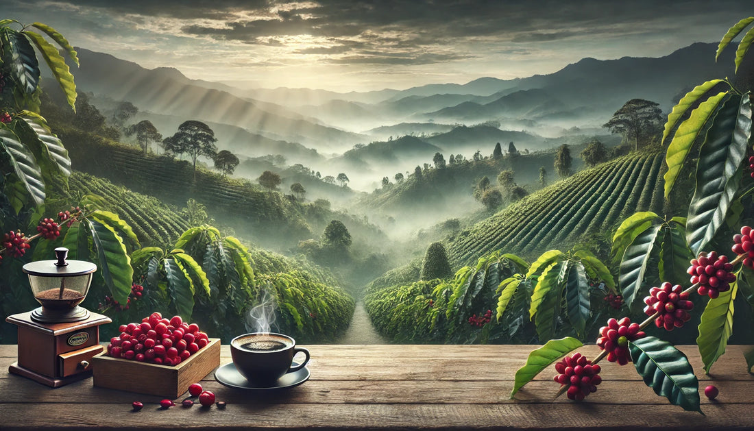 High-altitude coffee farm with ripe cherries, a steaming cup, and misty mountain backdrop.