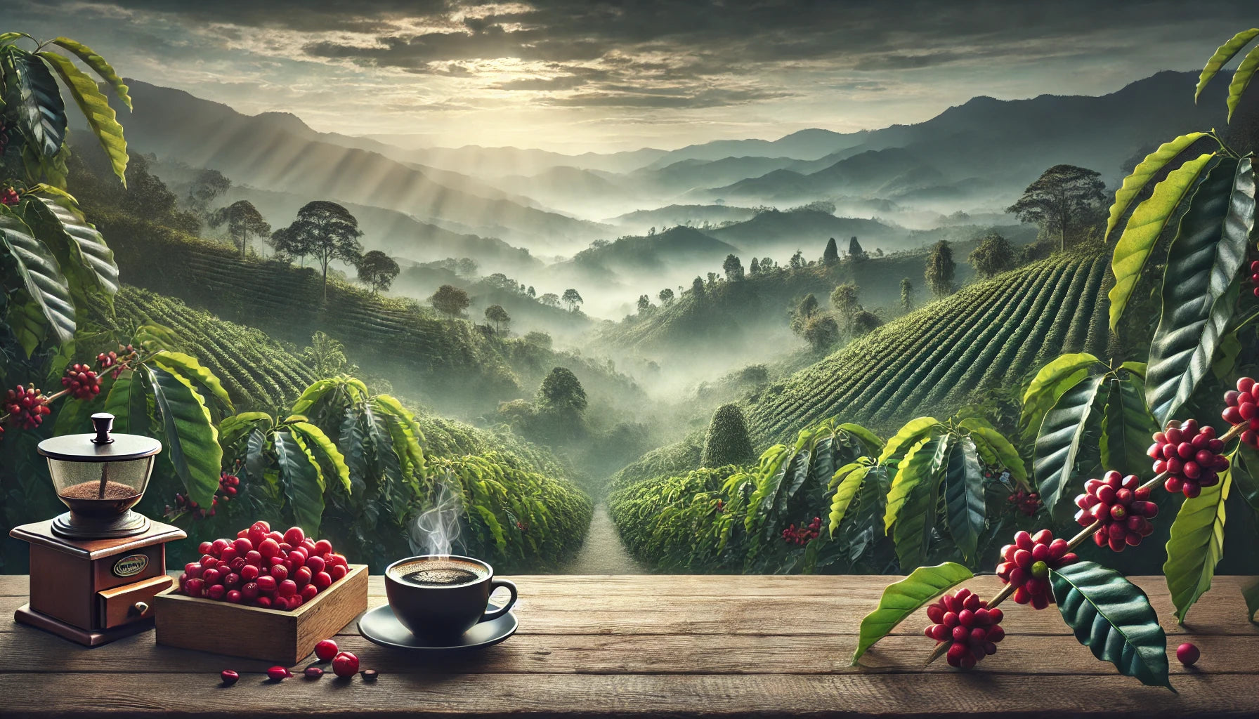 High-altitude coffee farm with ripe cherries, a steaming cup, and misty mountain backdrop.