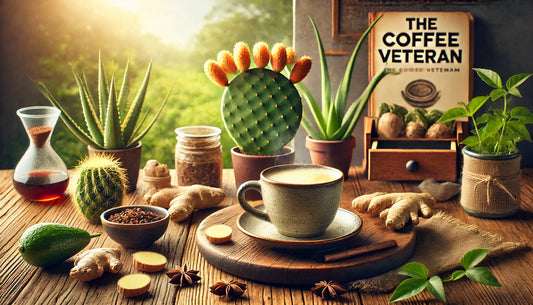 Cozy coffee setup with natural remedies like prickly pear, ginger, and aloe vera on a rustic wooden table.