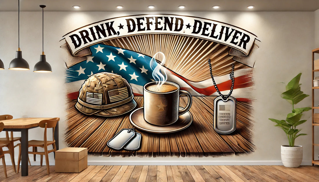 A veteran-themed coffee setting with mugs, dog tags, and a folded American flag, symbolizing purpose and community.