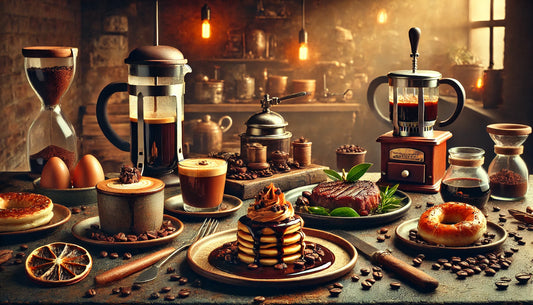 Rustic kitchen countertop with coffee-inspired dishes, including pancakes, steak, mousse, marinated chicken, and a steaming cup of coffee.