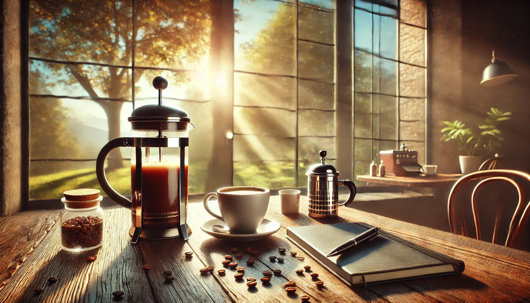 Cozy café table with coffee, a French press, and a notebook by a sunlit window.