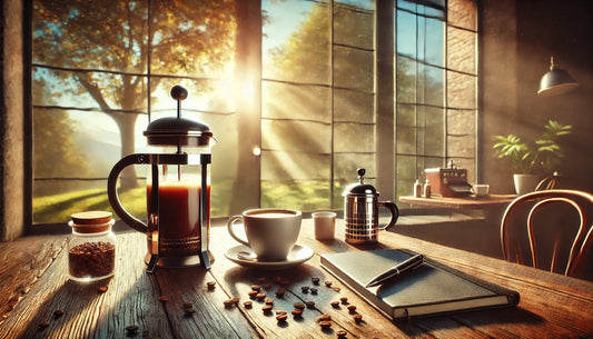 Cozy café table with coffee, a French press, and a notebook by a sunlit window.
