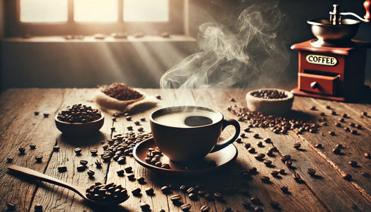 Steaming cup of coffee on a rustic wooden table with scattered coffee beans, bathed in soft morning light.