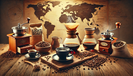 Variety of coffee elements with a steaming cup, coffee beans, Chemex, French press, and espresso cup, highlighting light, medium, and dark roasts with a globe map background.