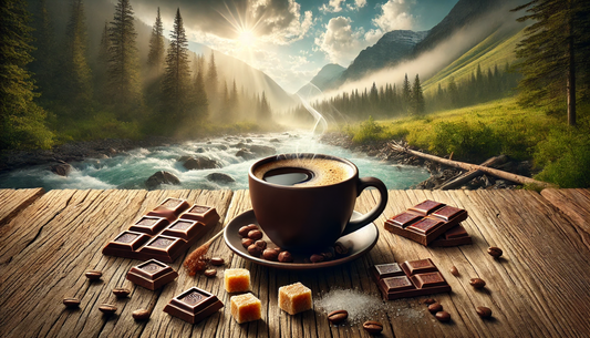 Steaming dark roast coffee with chocolate, caramel, and a serene valley backdrop.