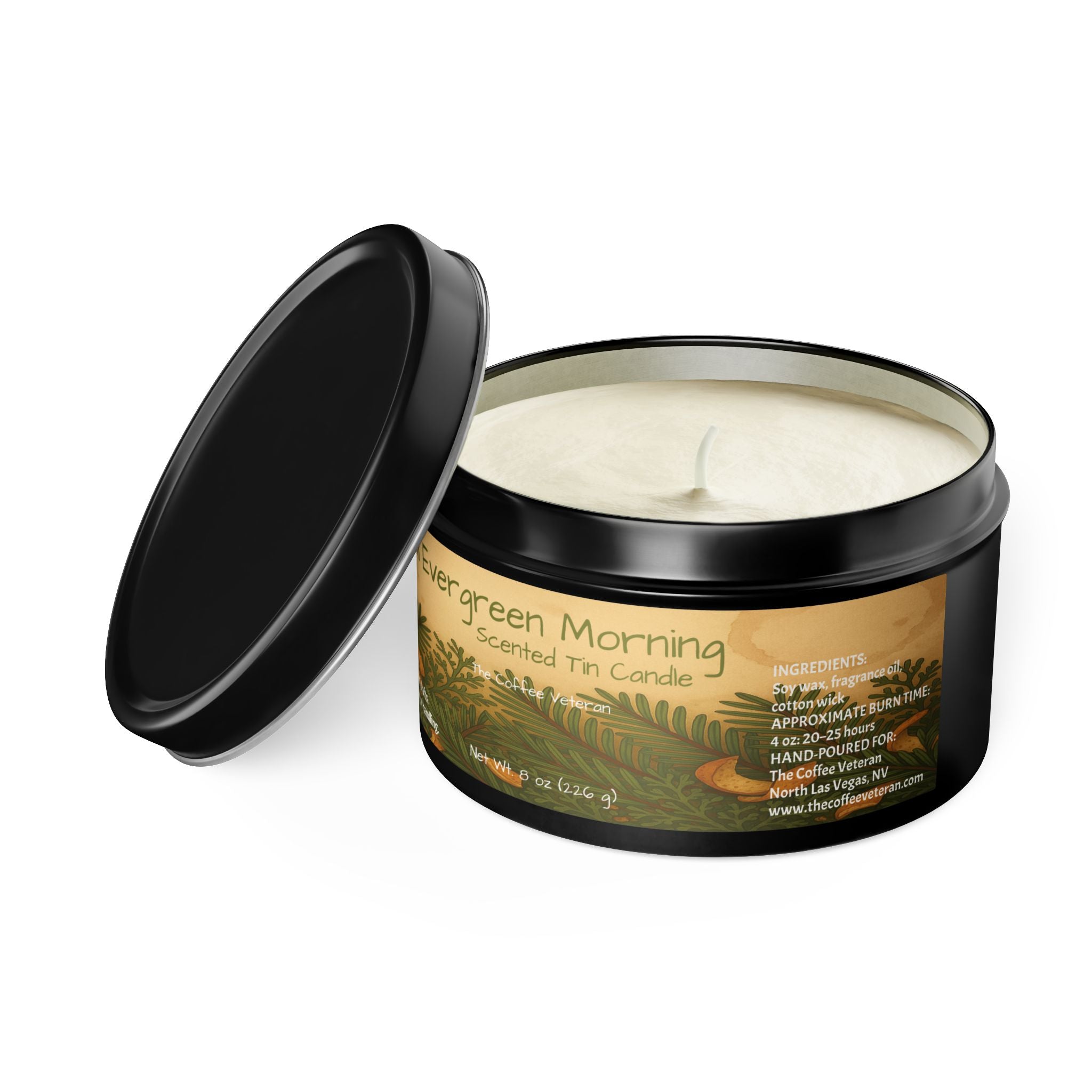 Fresh Evergreen Morning Scented Tin Candle by The Coffee Veteran