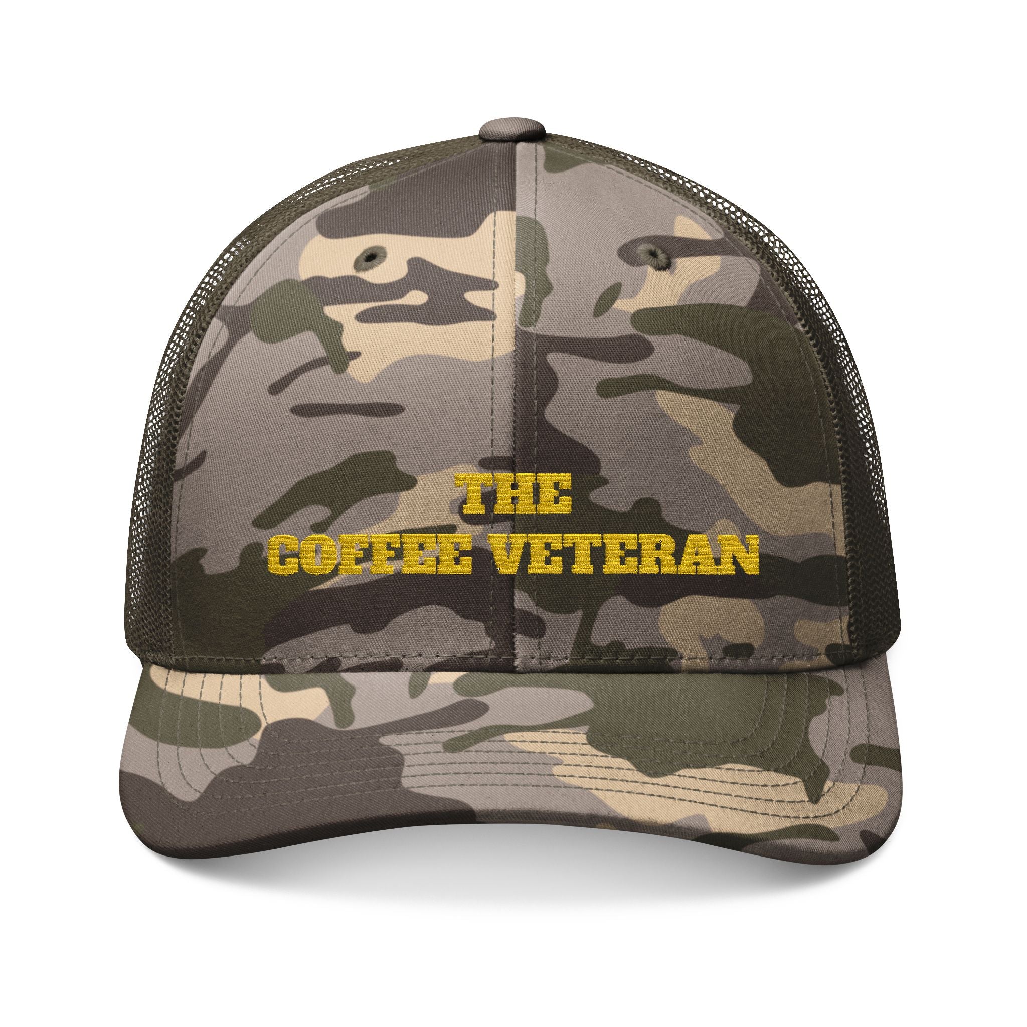 The Coffee Veteran Camo Trucker Hat — Embroidered Operator Edition