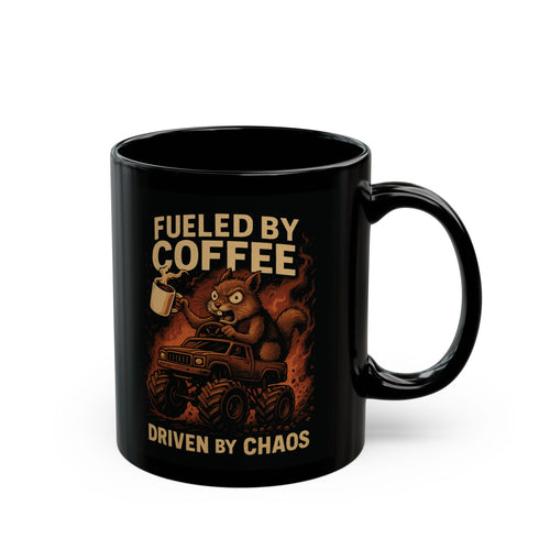 Black mug with a graphic of a bear driving a car and text 'Fueled by Coffee, Driven by Chaos' on a white background