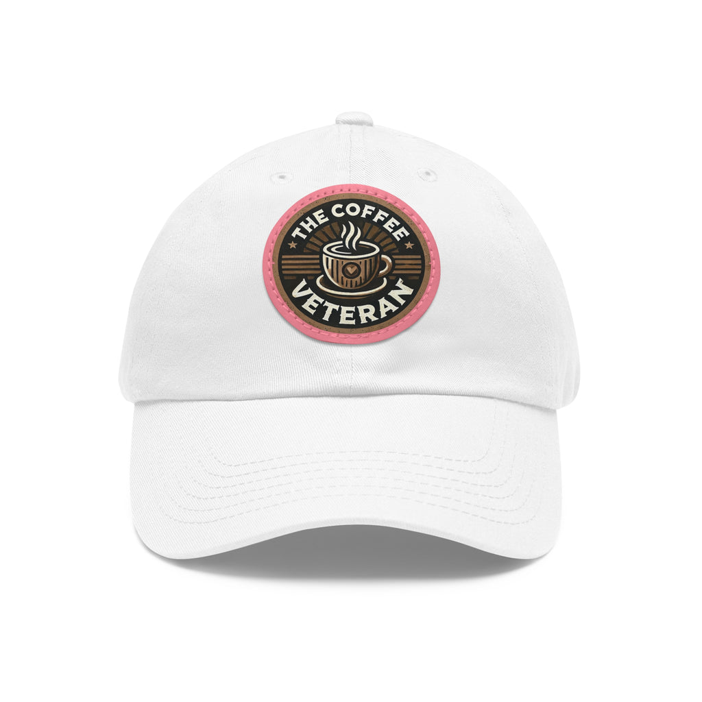 The Coffee Veteran White Dad Hat With Circle Leather Patch (4 Patch Color Options)