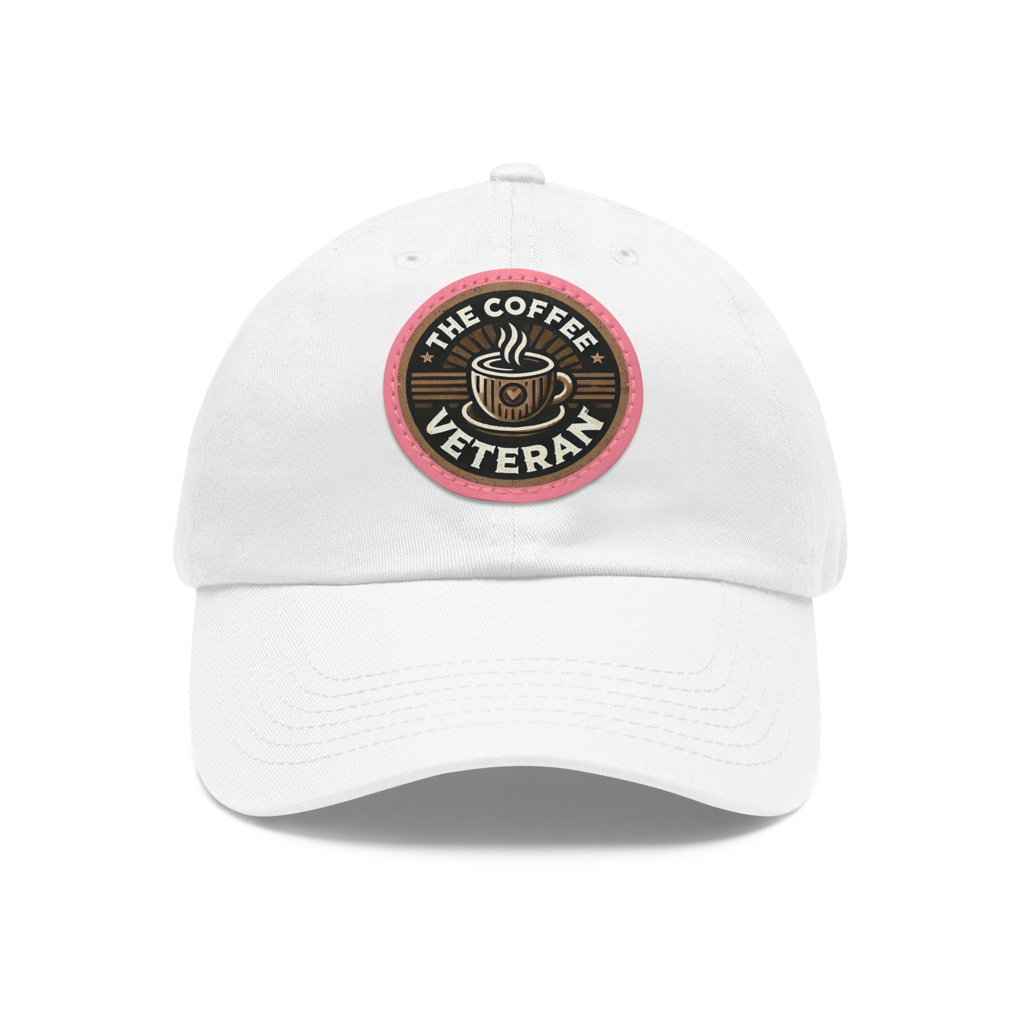 The Coffee Veteran White Dad Hat With Circle Leather Patch (4 Patch Color Options)
