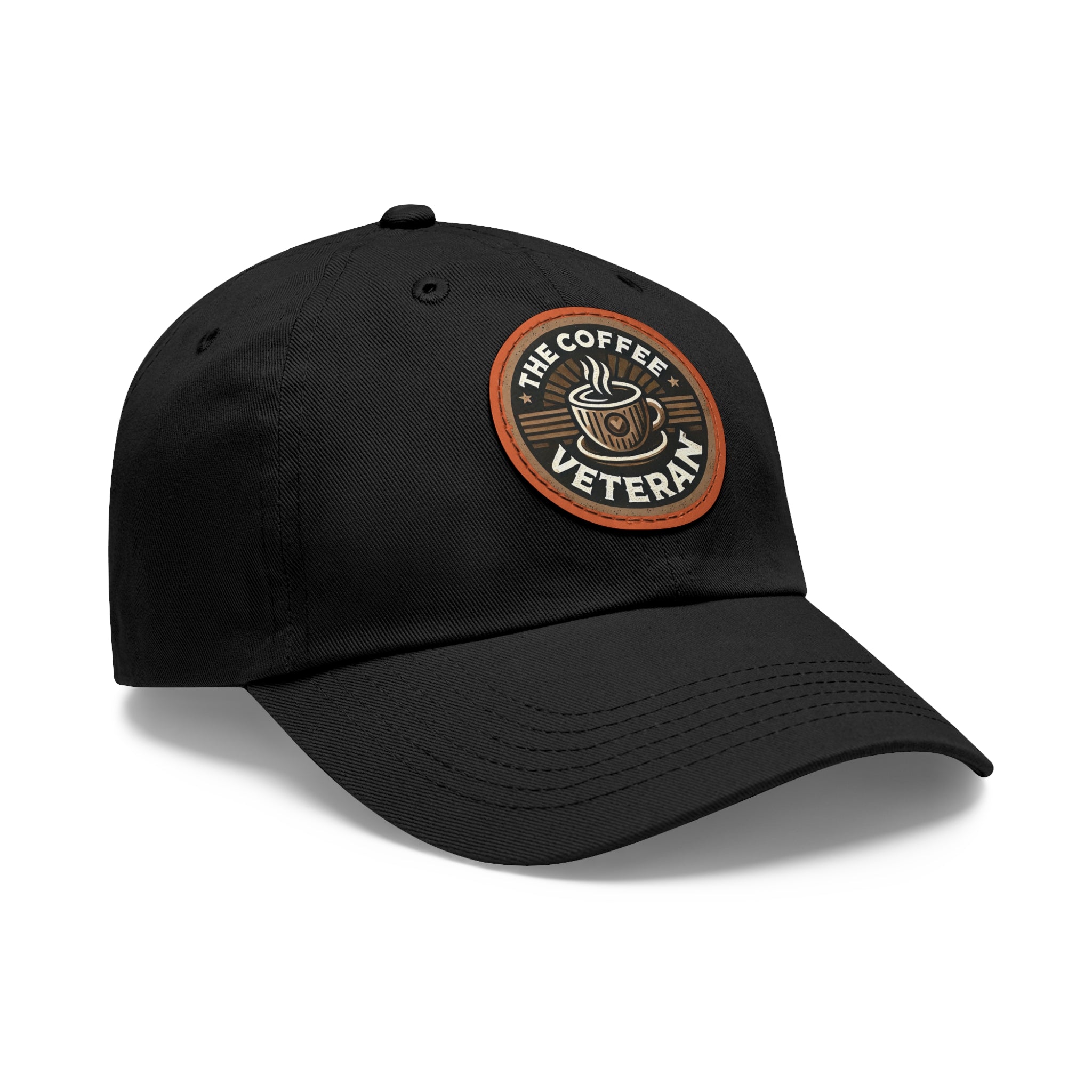 The Coffee Veteran Black Dad Hat With Circle Leather Patch (4 Patch Color Options)