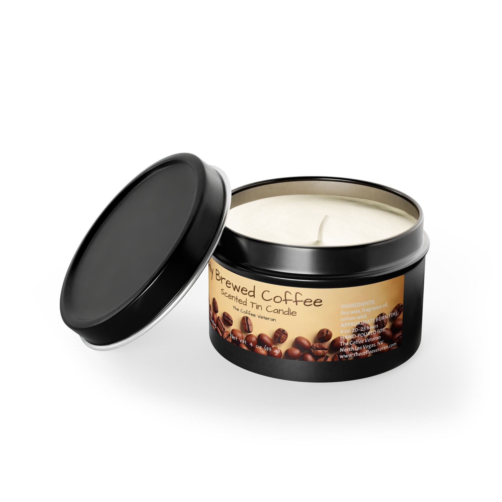 Freshly Brewed Coffee Scented Tin Candle by The Coffee Veteran (4oz and 8oz)