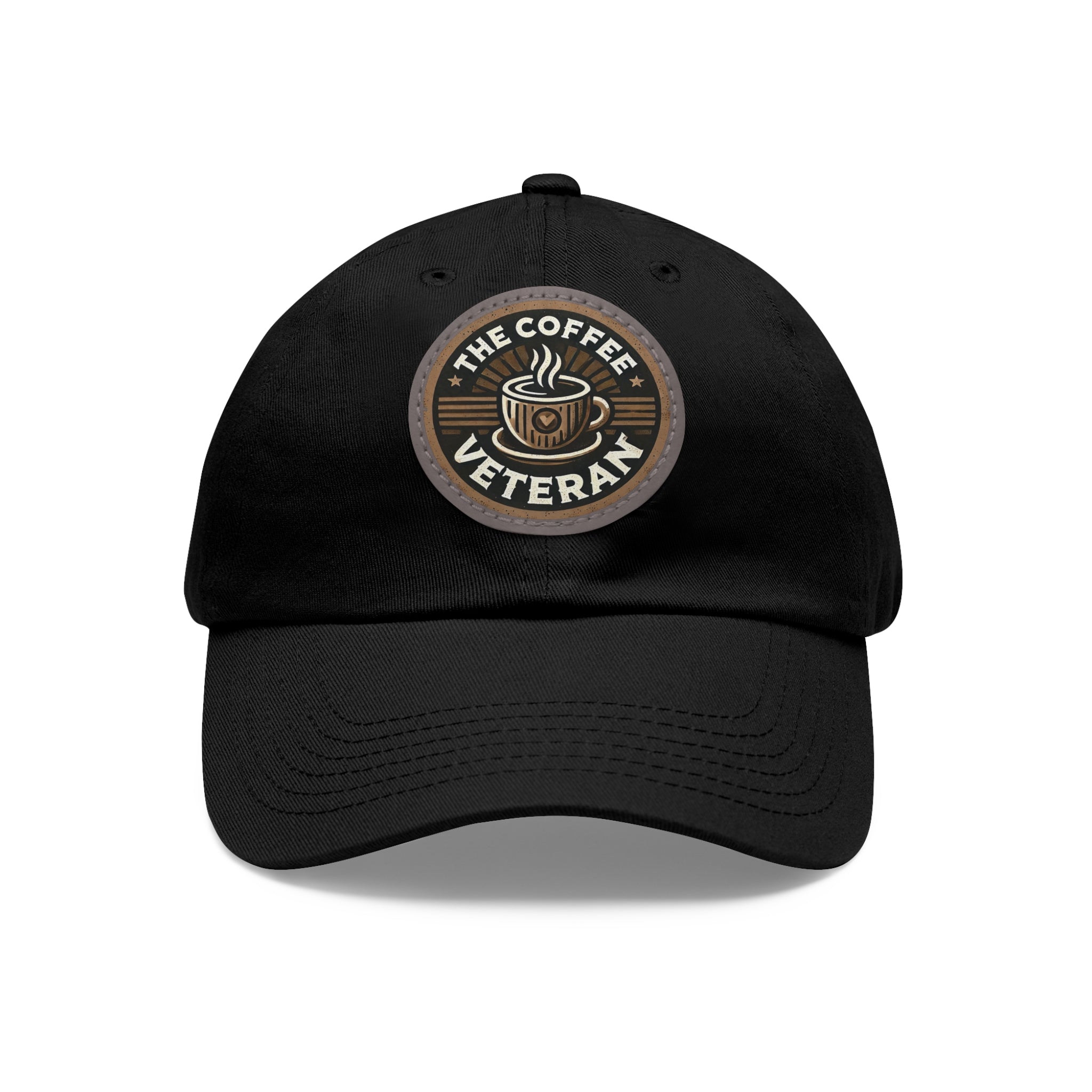 The Coffee Veteran Black Dad Hat With Circle Leather Patch (4 Patch Color Options)
