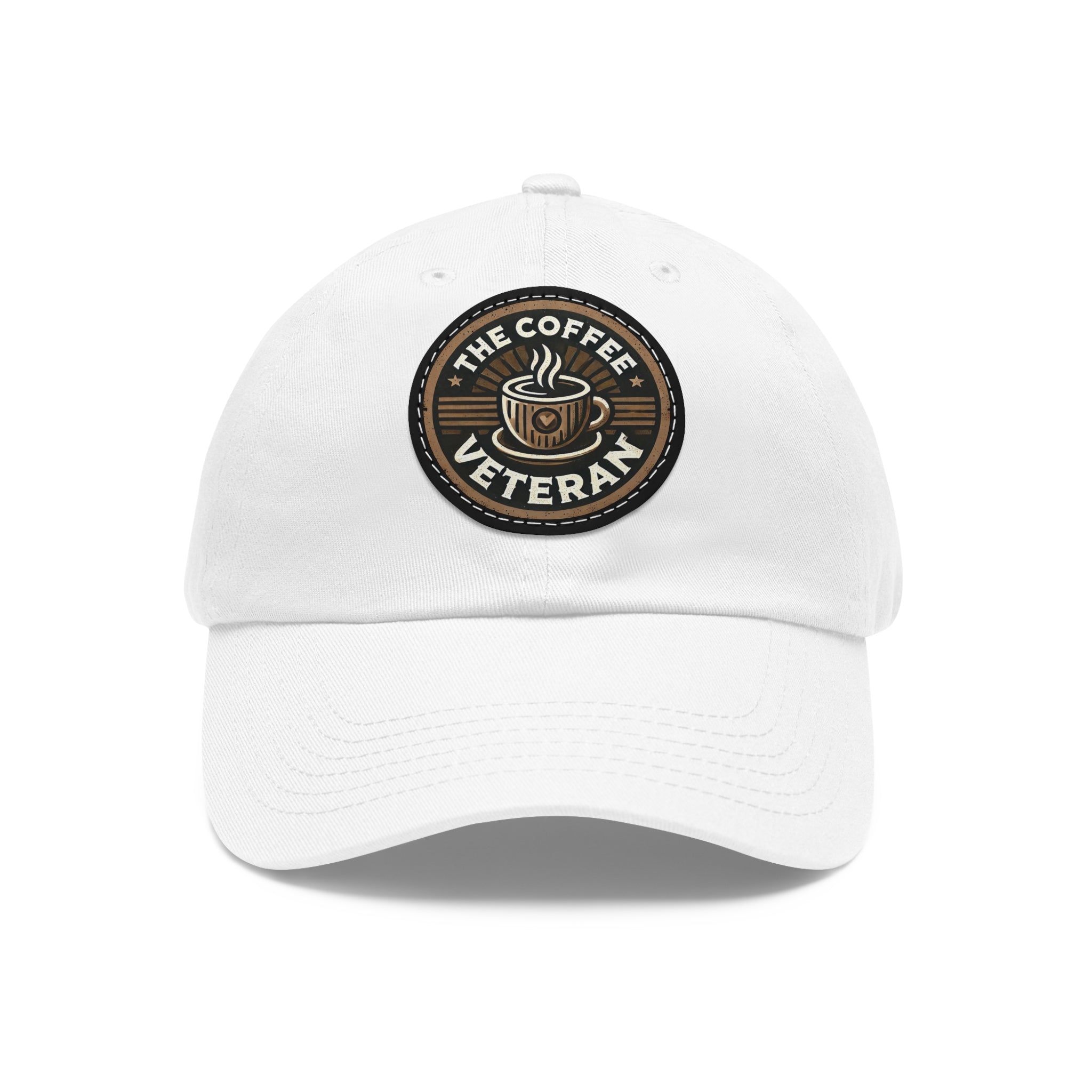 The Coffee Veteran White Dad Hat With Circle Leather Patch (4 Patch Color Options)