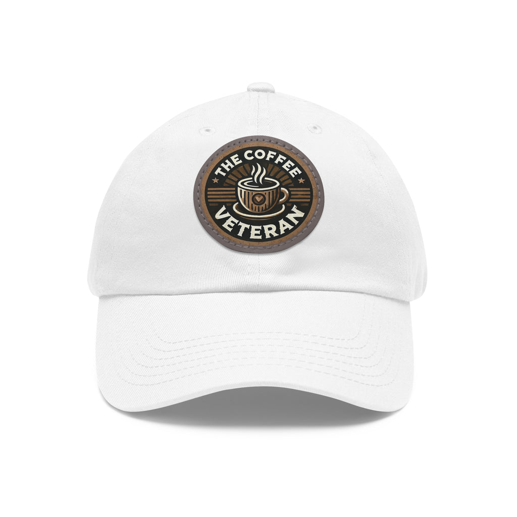 The Coffee Veteran White Dad Hat With Circle Leather Patch (4 Patch Color Options)