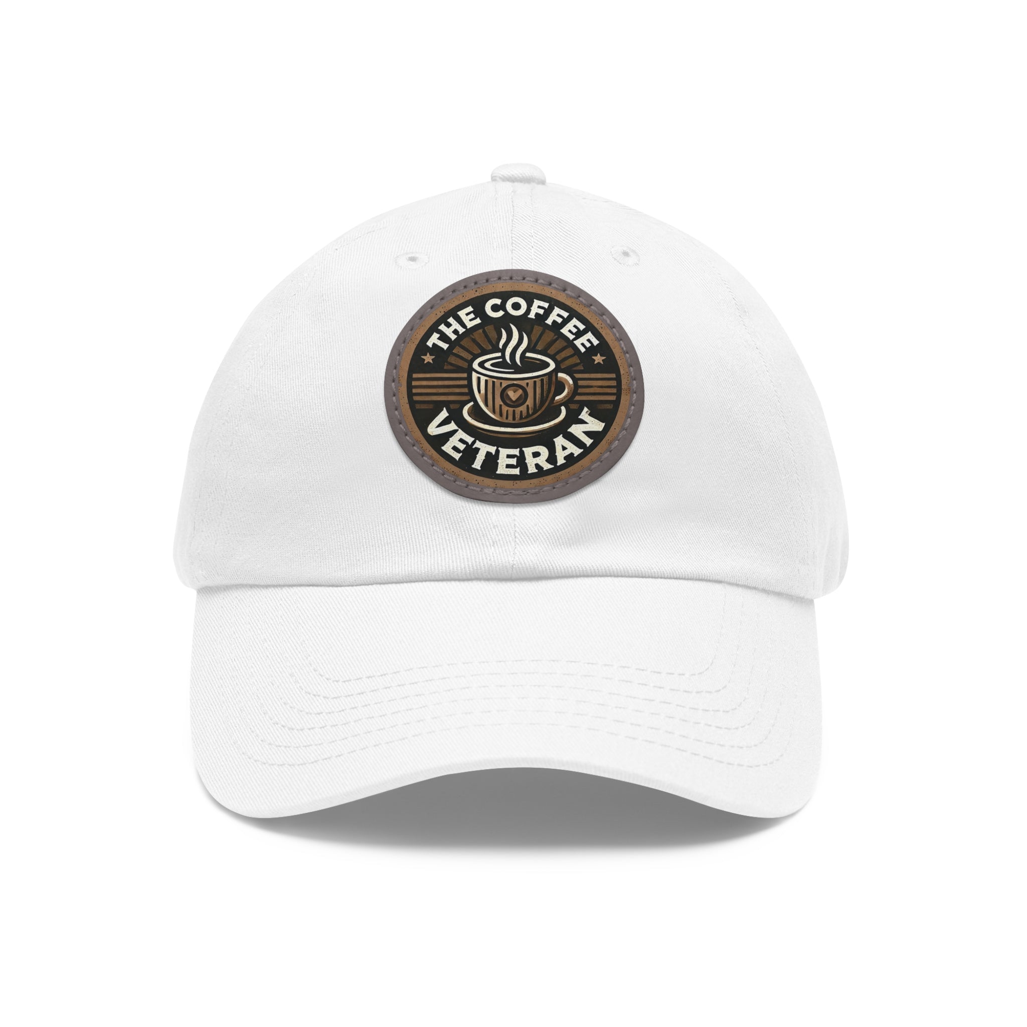 The Coffee Veteran White Dad Hat With Circle Leather Patch (4 Patch Color Options)