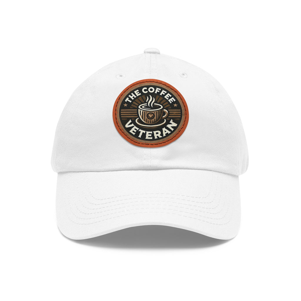 The Coffee Veteran White Dad Hat With Circle Leather Patch (4 Patch Color Options)
