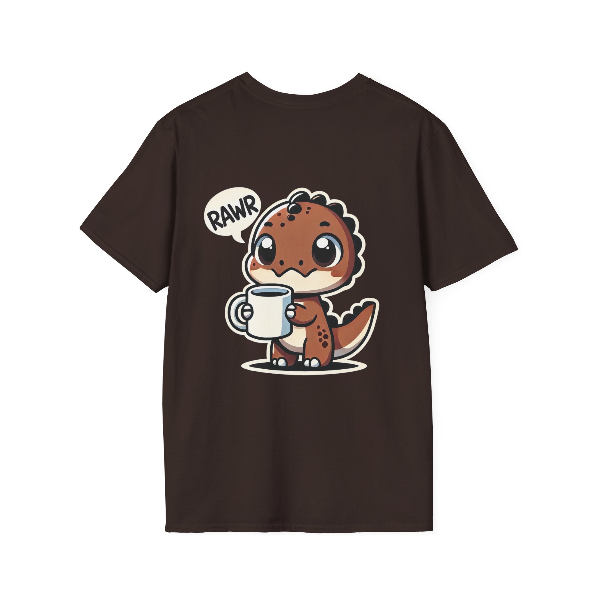 "Rawr" Dinosaur with a Coffee Cup T-Shirt by The Coffee Veteran