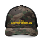 The Coffee Veteran Camo Trucker Hat — Embroidered Operator Edition