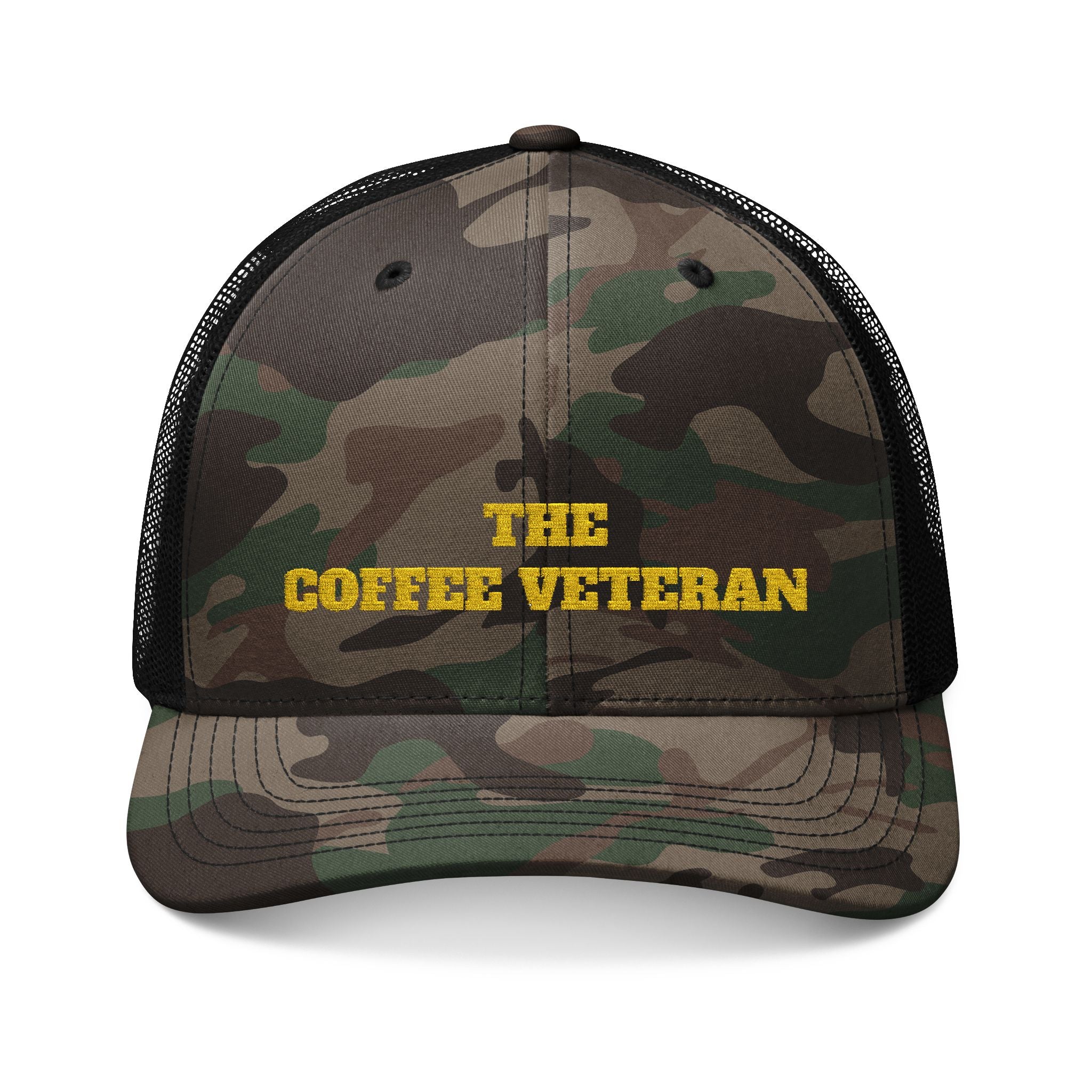 The Coffee Veteran Camo Trucker Hat — Embroidered Operator Edition