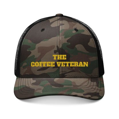 The Coffee Veteran Camo Trucker Hat — Embroidered Operator Edition