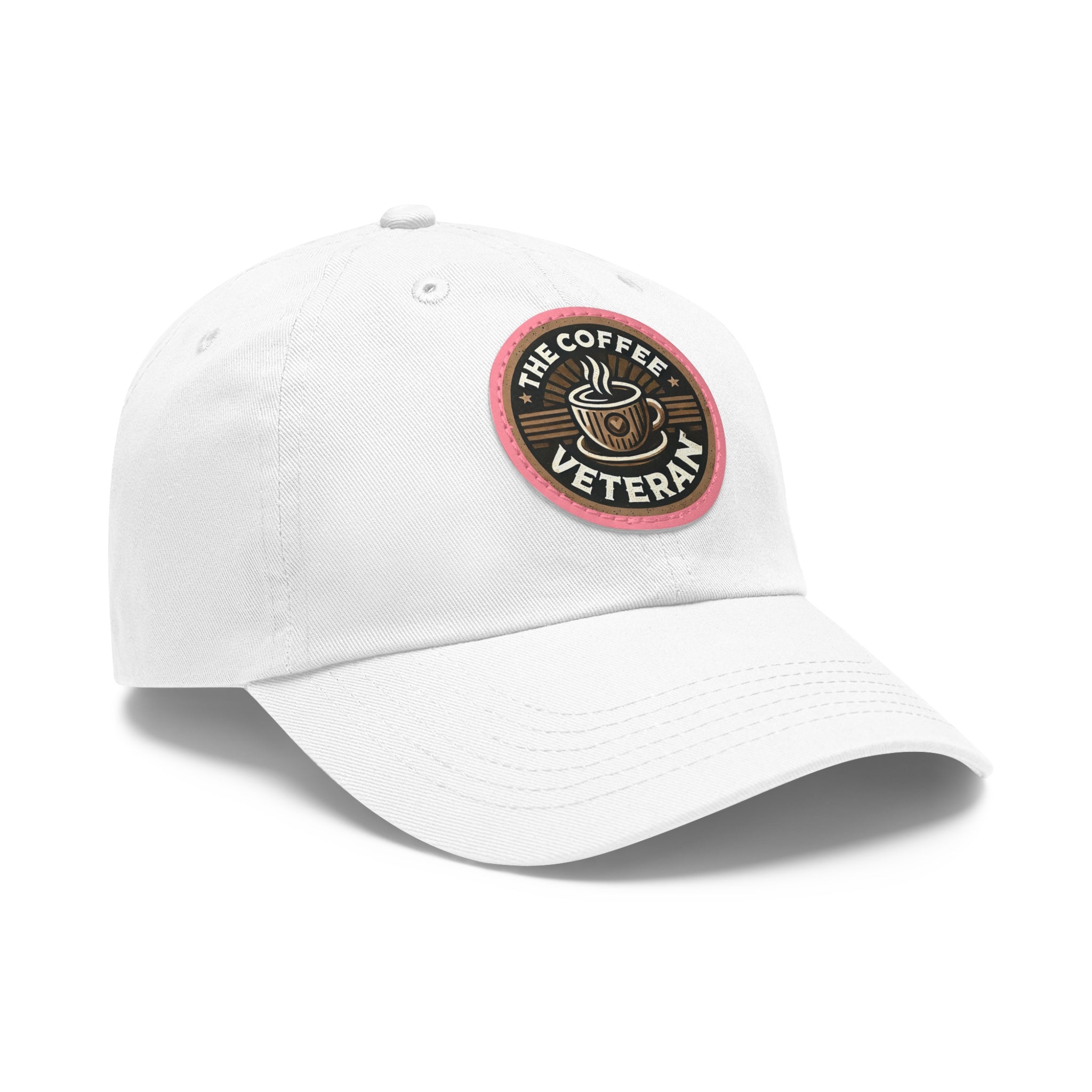 The Coffee Veteran White Dad Hat With Circle Leather Patch (4 Patch Color Options)