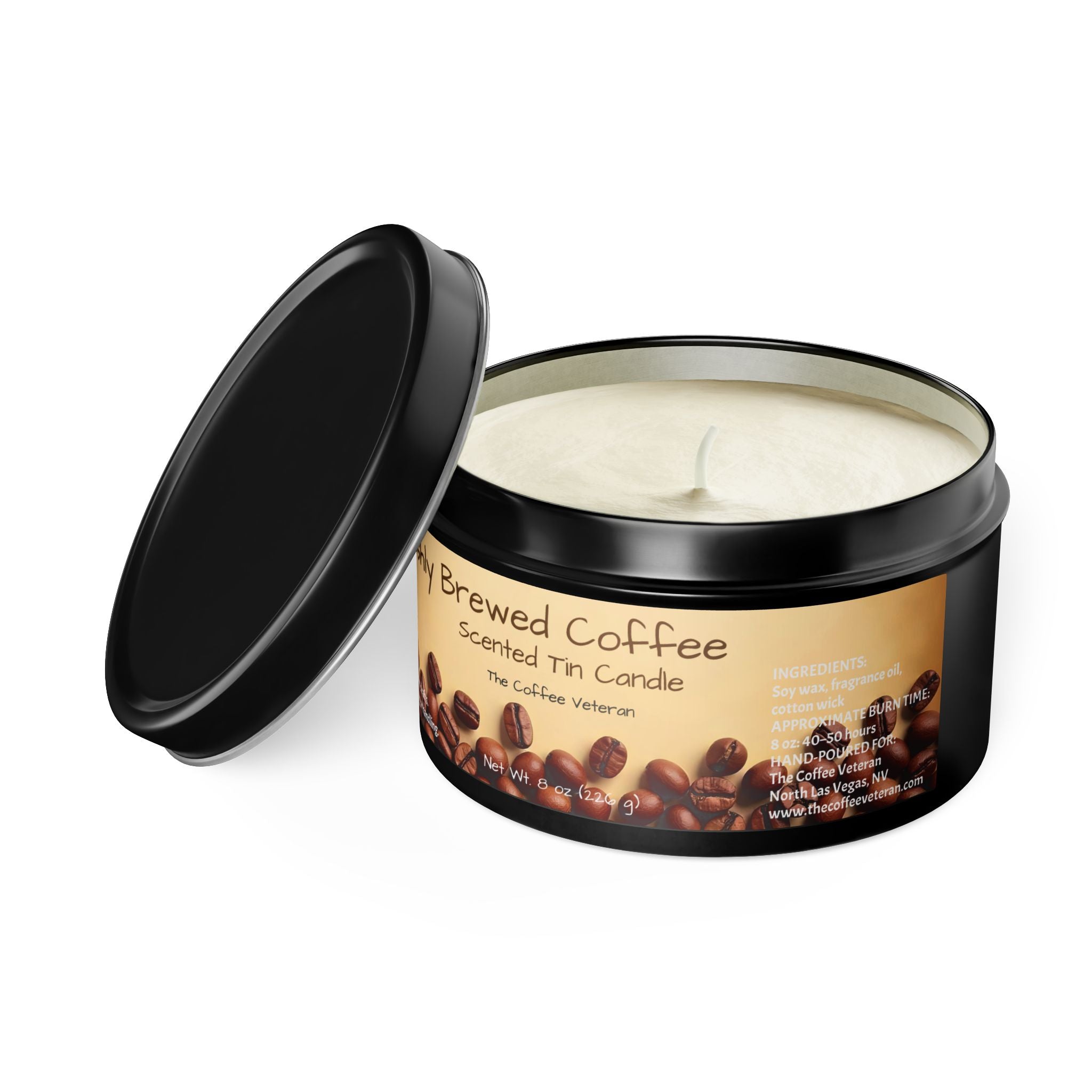 Freshly Brewed Coffee Scented Tin Candle by The Coffee Veteran (4oz and 8oz)