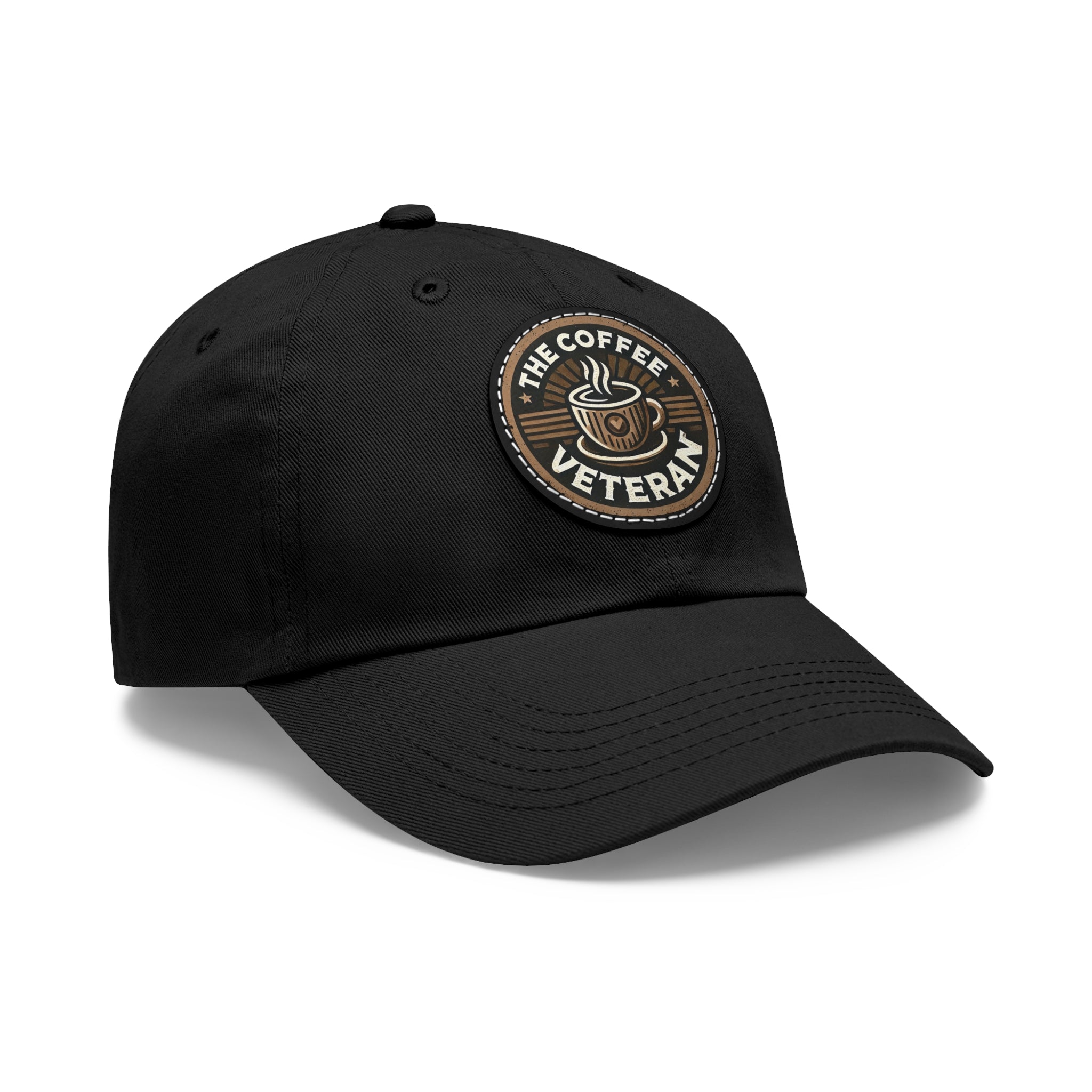 The Coffee Veteran Black Dad Hat With Circle Leather Patch (4 Patch Color Options)