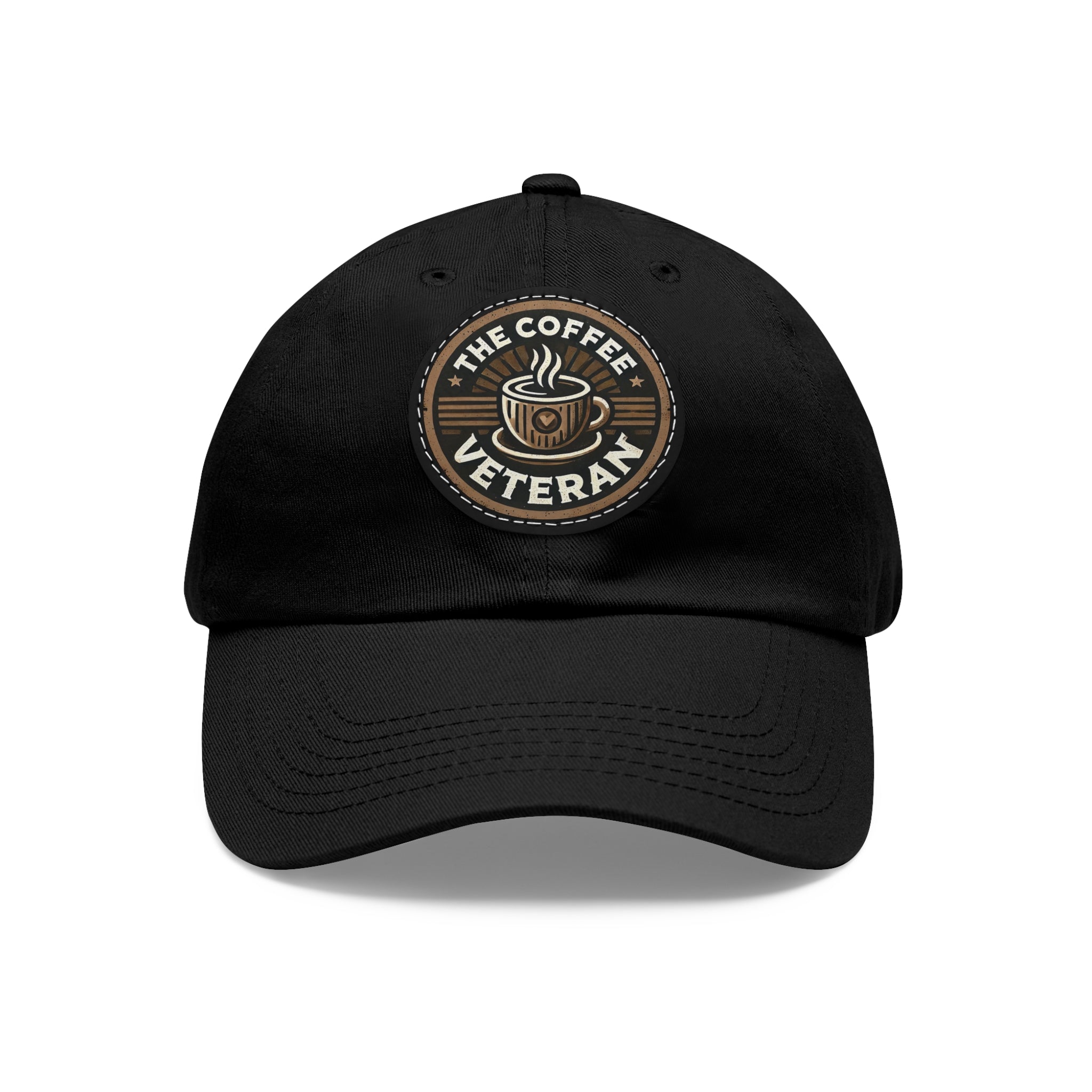 The Coffee Veteran Black Dad Hat With Circle Leather Patch (4 Patch Color Options)