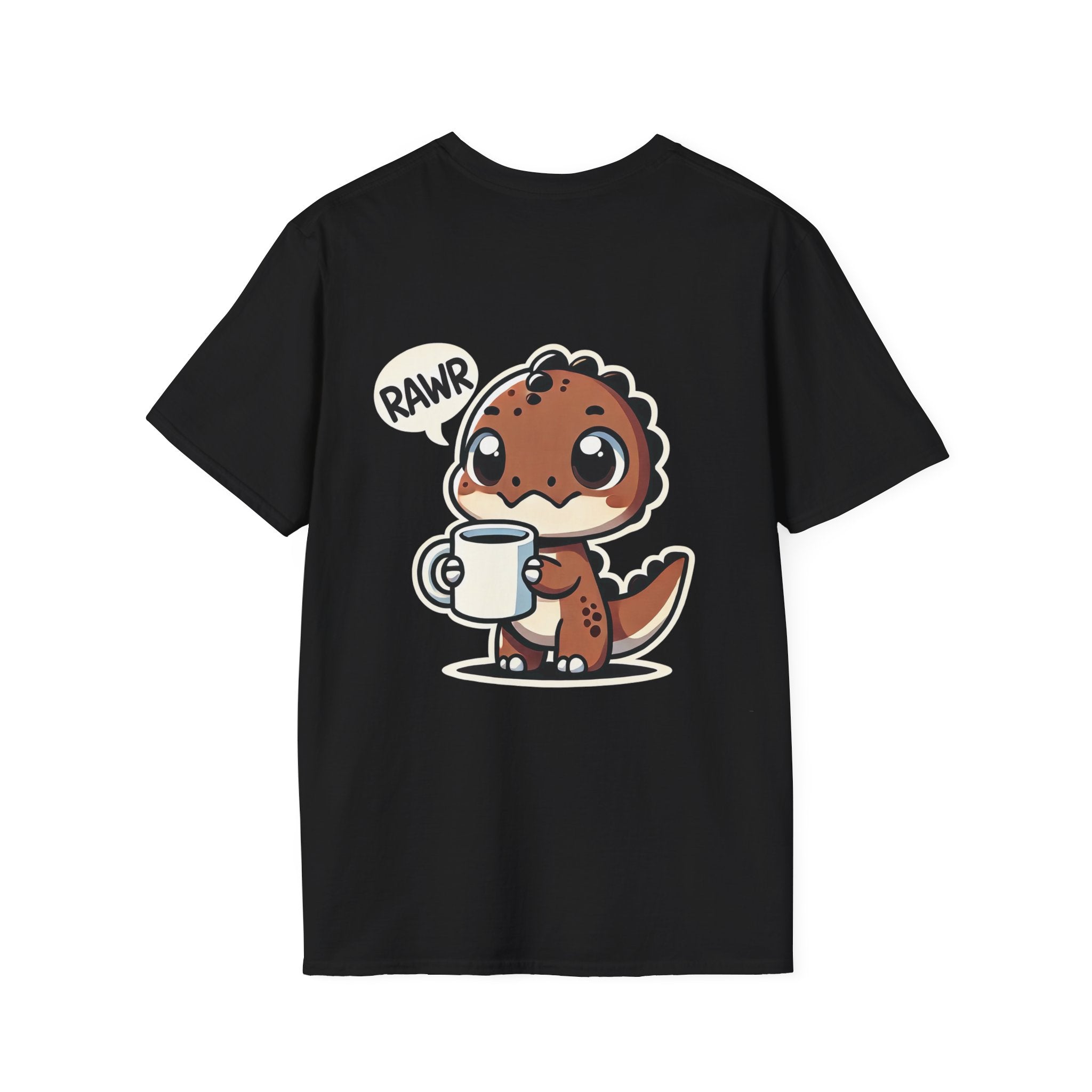 "Rawr" Dinosaur with a Coffee Cup T-Shirt by The Coffee Veteran