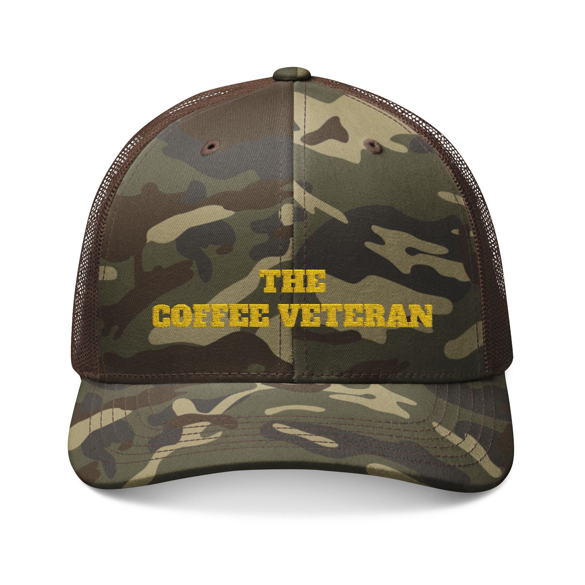 The Coffee Veteran Camo Trucker Hat — Embroidered Operator Edition