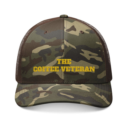 The Coffee Veteran Camo Trucker Hat — Embroidered Operator Edition